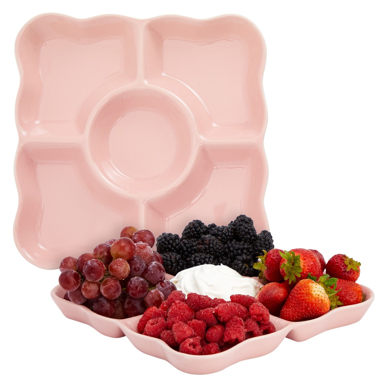 2 Pack Porcelain Divided Serving Tray for Appetizers, 5 Compartments (Light Pink, 9.5 In)